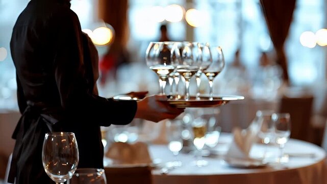 waiter holding tray with wine glasses in dimly lit restaurant setting.