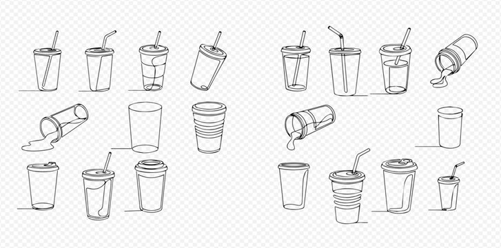 Continuous line drawing of various disposable cups for beverages, including coffee, soda, and juice, with straws and lids.