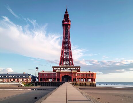 Blackpool Tower stands tall against a bright blue sky, a striking landmark on the English coastline, with the beach and sea visible.
