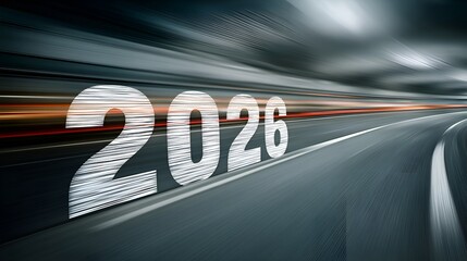 The year 2026 superimposed over blurred motion on a road suggesting progress and speed towards future goals and deadlines with optimism.