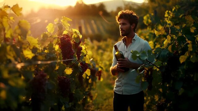 A man in a vineyard during sunset, holding a bottle of wine. He is dressed in a light blue shirt, and his pose is relaxed.