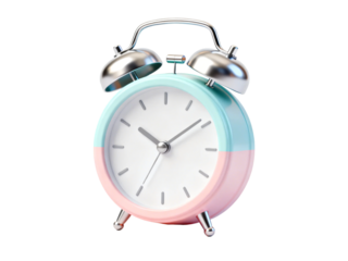 Pastel two-tone mint green and pink retro alarm clock with metallic bells on a clean white background, symbolizing time and morning routine.