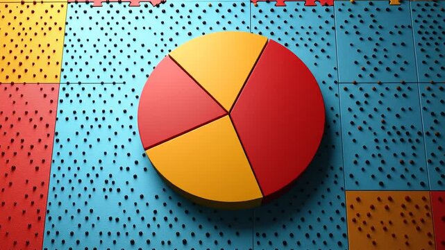 Colorful pie chart on textured background with vibrant patterns and shapes