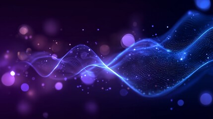 Abstract digital wave pattern with glowing particles and bokeh effects on a dark background