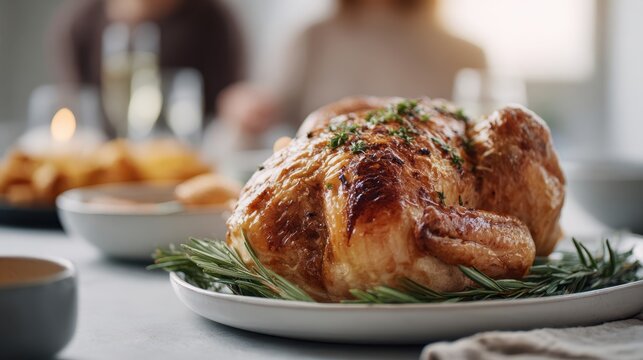 Roasted chicken garnished with herbs on a white plate, surrounded by side dishes and festive ambiance, perfect for holiday gatherings and family meals - Powered by Adobe