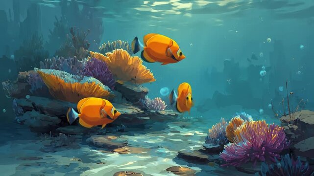 Underwater scene with colorful fish swimming near coral reef