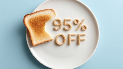 Toasted bread slice with a bite taken out, creatively arranged on a white plate, displaying bold text reading 95 percent OFF, emphasizing promotional discount concept in a minimalistic setting