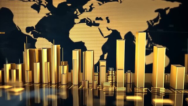 Golden Financial Chart and World Map, Investment Analysis and Global Economic Trends Visualization