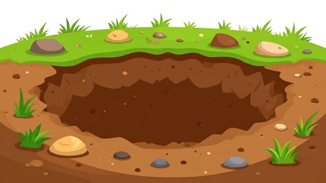 Cartoon Hole in ground with grass  stones.