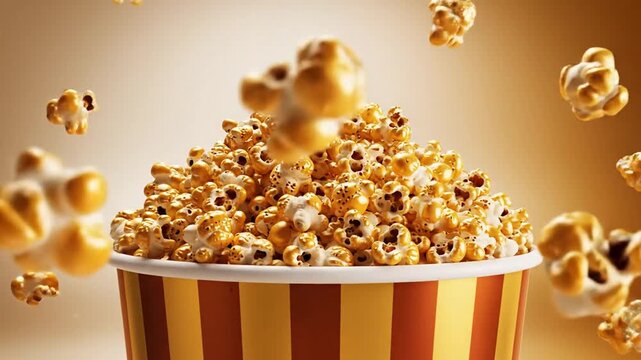 Golden popcorn celebration background with overflowing bucket and gently floating kernels around