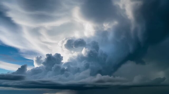 Dramatic and powerful supercell storm cloud formation with dark and bright areas in the sky.