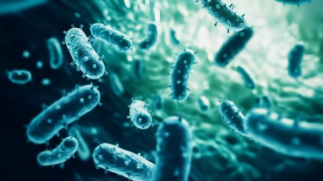 Microscopic view of bacteria cells in teal color for scientific illustration