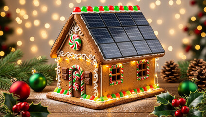 Charming sustainable gingerbread house with solar panel perfect family holiday christmas decoration for festive season