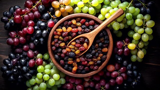 A closeup of a variety of fruits, including grapes, raisins, and grapes, arranged in a wooden bowl. The fruits are vibrant and varied in color, with the grapes in shades of green, purple, and red.