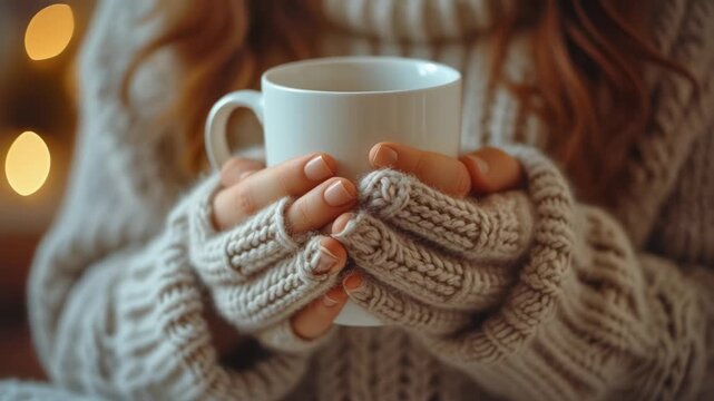 A person's hands in a cozy knitted sweater holding a warm white mug with blurred background lights.