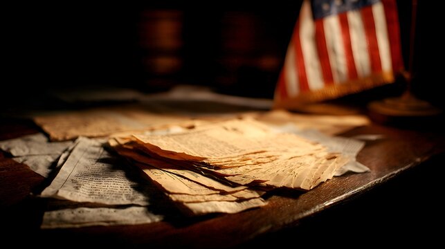 Historical documents and American flag sit on a wooden desk evoking themes of history, patriotism, and the pursuit of justice in dim lighting.