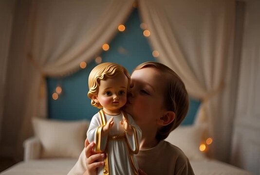 Child kissing religious figurine in cozy bedroom setting