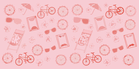 A playful pink pattern featuring summer items like bicycles sunglasses and beach chairs