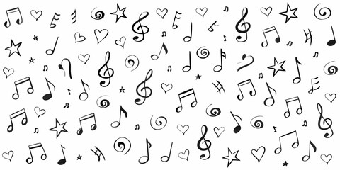 A whimsical pattern of musical notes hearts and stars in black and white