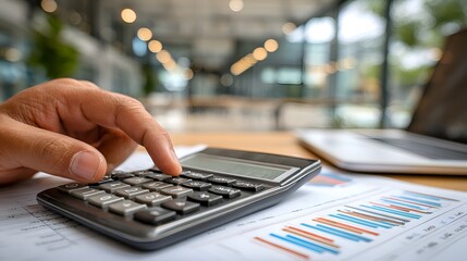Close up of a person's hand using a calculator to analyze financial data and charts in a bright and modern office environment setting.