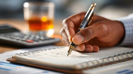 An African American man writes in a notepad using a fountain pen, with drink and calculator nearby on a wooden desk, selective focus.