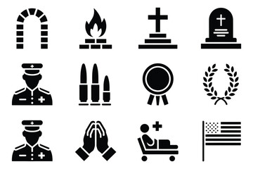Military Funeral Icon Set, a professional vector pack including ceremonial flags, folded caskets, helmets, wreaths, and honor symbols designed for remembrance, military tribute, and memorial graphics