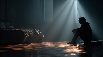 Silhouette of a lonely man sitting in a dark room with sunlight streaming through the window, evoking feelings of sadness and isolation.