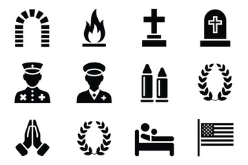 Military Funeral Icon Set, a detailed vector collection featuring solemn symbols such as flags, folded banners, helmets, wreaths, and ceremonial elements