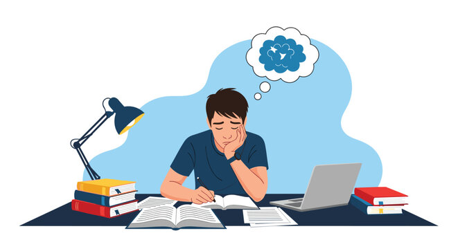 Illustration of a tired male student feeling overwhelmed while studying at a desk with books, a laptop, and a thought bubble.