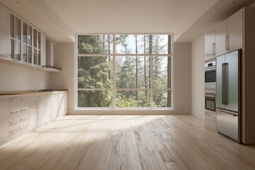 Fototapeta premium Modern kitchen with large window viewing lush green forest.