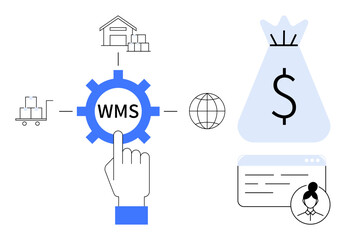 WMS logo with distribution processes, logistic hub, financial profit concept, network globe, shopping cart, warehouse, and webpage. Ideal for logistics, e-commerce finance business operations