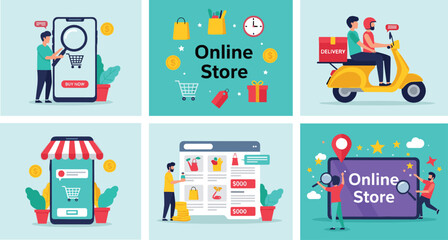 Online shopping illustration set, mobile storefront, delivery service, product browsing, ecommerce concept, digital retail, buy now, vector design