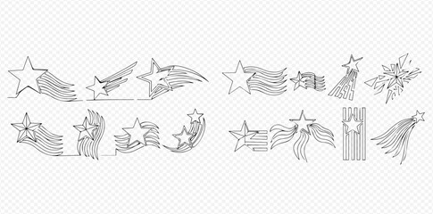 Obraz premium Set of hand-drawn doodle stars with tails, representing comets, shooting stars, and celestial elements in sketch style.