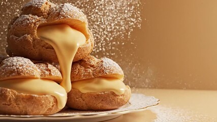 National Cream Puff Day banner with stacked cream puffs on porcelain plate and warm cream gold background