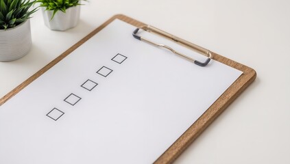 a clipboard with a checklist on a desk with small plants