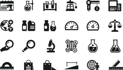 Science, education, icons, measurement, research, chemistry, medicine, globe, calendar, syringe, microscope, magnifying, scale, kit, ruler, protractor, flask, test, tube, vector, black