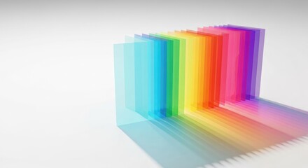 Stack of translucent, colored rectangular panels radiating a rainbow spectrum, cast shadow