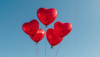 a cluster of five vibrant red heart-shaped balloons floating against a clear blue sky. Symbolizing love, romance, and celebration