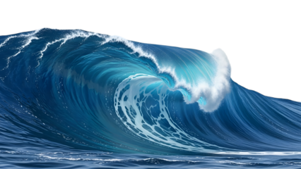 Powerful ocean wave crashing with white foam and deep blue water, dynamic nature scene isolated on transparent background