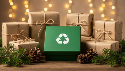 Joyful christmas celebration with sustainable recycled gift box using eco friendly materials for conscious holiday