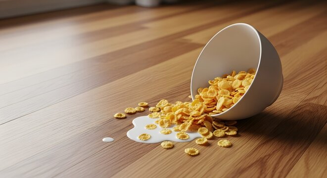 Golden corn cereal spilled from a white bowl on a polished wooden floor, illustrating a daily household mess concept - Powered by Adobe