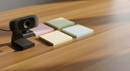 A modern home office desk setup with a webcam and colorful sticky notes for a creative productivity concept