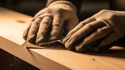 Carpenter Hands in Protective Gloves Sanding Wooden Plank with Sandpaper