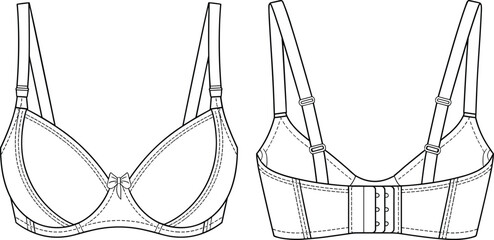 Bra front view, back view, fashion flat, lingerie design, technical sketch, sewing pattern, undergarment vector, cad drawing flat vector illustration
