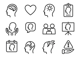 Mental Health Icon Set, a thin line editable vector collection featuring brain, therapy, counseling, emotional wellness, stress management, support, and awareness icons for psychology and mental
