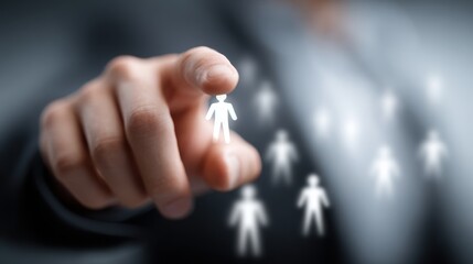 Hand pointing at small human figures in a digital environment, representing selection, leadership, and decision-making in a corporate context