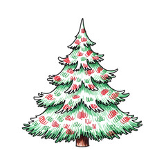 Fototapeta premium Hand-drawn illustration of a festive green Christmas tree decorated with red and green ornaments, isolated on a white background.