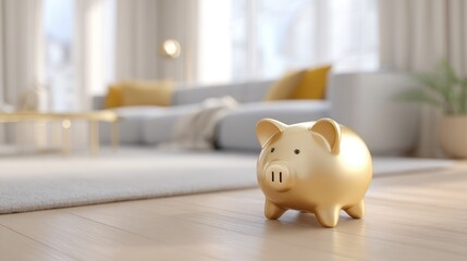 Golden piggy bank placed on wooden floor in modern living room, with soft rug, stylish furniture, and bright natural light creating a warm and inviting atmosphere for financial savings
