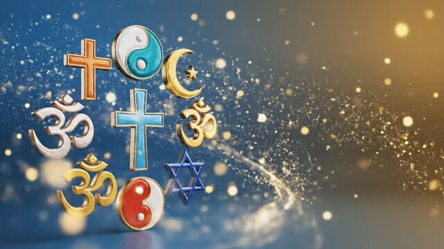 World Religion Day banner with major faith symbols arranged in peaceful circle on soft blue gold unity background