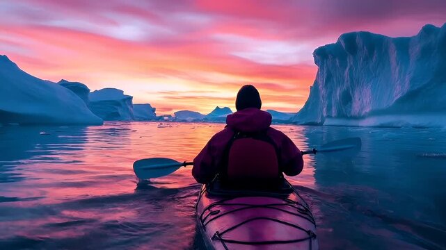 A person kayaking on a body of water during sunset with icebergs in the background. The kayaker is wearing a red jacket and a beanie, and is paddling with a blue kayak.